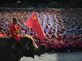 An elephant joins Thai students as they form a heart shape on Valentine's Day to show their support for China in the fight against coronavirus in Ayutthaya, outside Bangkok, Thailand February 14, 2020. (REUTERS/Chalinee Thirasupa)