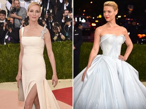In these May 2, 2016, file photos, Uma Thurman (L) and Claire Danes attend the "Manus x Machina: Fashion In An Age of Technology" Costume Institute Gala at Metropolitan Museum of Art in New York City.