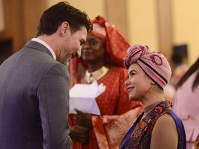 Prime Minister Justin Trudeau talks with African Union Special Envoy on Youth Aya Chebbi as he attends an African Union high level breakfast meeting on gender equality and women’s empowerment in Africa in Addis Ababa, Ethiopia on Saturday, Feb. 8, 2020.