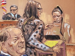Film producer Harvey Weinstein watches as witness Jessica Mann is questioned by Donna Rotunno in front of Judge James Burke during Weinstein's sexual assault trial at New York Criminal Court in the Manhattan borough of New York City, Feb, 3, 2020, in this courtroom sketch.