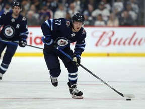 Jets forward Nikolaj Ehlers carries the puck during a power-play against the Ducks in Winnipeg, on Dec. 8, 2019.