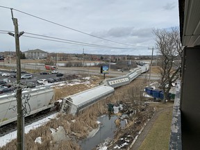 A train has derailed on the tracks that cross Bath Road near Queen Mary Road in Kingston, Ont., Wednesday, March 4, 2020. (Elliot Ferguson/The Kingston Whig-Standard)