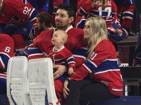 Carey Price with wife Angela and daughter Liv Anniston during Canadiens photo day at the Bell Centre on March 27, 2017.