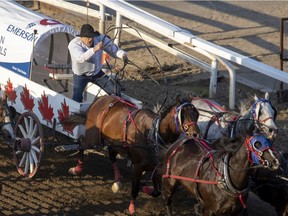 Chad Harden takes Heat 1 of the Rangeland Derby chuckwagon races at the Calgary Stampede in Calgary, Ab., on Monday, July 8, 2019.