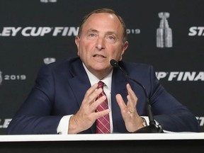 Commissioner Gary Bettman of the National Hockey League speaks with the media prior to Game One of the 2019 NHL Stanley Cup Final at TD Garden on May 27, 2019 in Boston, Massachusetts.