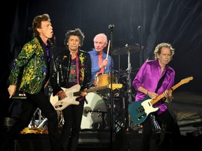 Mick Jagger, Ronnie Wood, Charlie Watts and Keith Richards of The Rolling Stones perform onstage at the Rose Bowl in Pasadena, Calif., Aug. 22, 2019.