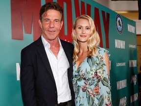 (L-R) Dennis Quaid and fiancee Laura Savoie arrive at the "Midway" Special Screening at Joint Base Pearl Harbor-Hickam on October 20, 2019 in Honolulu, Hawaii.