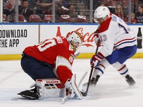 Panthers goaltender Chris Driedger stops a shot by Canadiens' Max Domi at the BB&T Center on Saturday, March 7, 2020, in Sunrise, Fla.