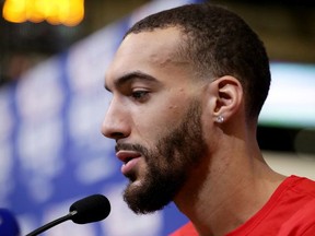 Rudy Gobert of the Utah Jazz speaks to the media during 2020 NBA All-Star - Practice & Media Day at Wintrust Arena on February 15, 2020 in Chicago, Illinois.