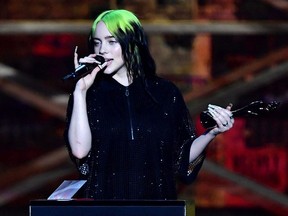 Billie Eilish accepts the International Female Solo Artist award during The BRIT Awards 2020 at The O2 Arena on February 18, 2020 in London, England.
