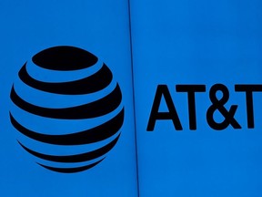 The logo of AT&T outside of AT&T corporate headquarters on March 13, 2020 in Dallas, Texas.