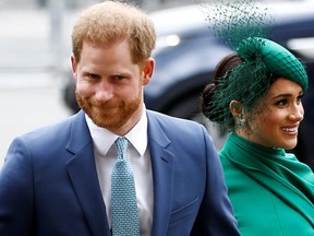 Harry and Meghan arrive for the annual Commonwealth Service at Westminster Abbey in London, England, on March 9, 2020. (Reuters)