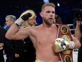 Billy Joe Saunders celebrates his win over David Lemieux to retain the WBO middleweight title, in Laval, Que., on Saturday, Dec. 16, 2017. (THE CANADIAN PRESS/Ryan Remiorz)