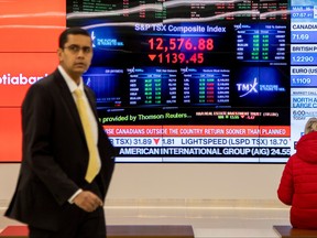 Monitors displayMonitors display the S&P AND TSX composite index in the financial district as the number of novel coronavirus cases continues to grow in Toronto, March 16, 2020.  REUTERS/Carlos Osorio
 the S&P AND TSX composite index in the financial district as the number of novel coronavirus cases continues to grow in Toronto, Ontario, Canada March 16, 2020.  REUTERS/Carlos Osorio