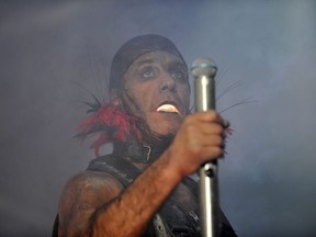 Singer Till Lindemann of the German industrial metal rockers Rammstein in concert at Rexall Place in Edmonton.