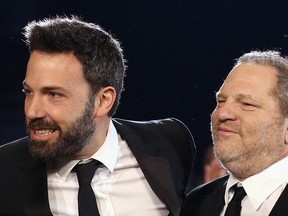 In this Jan. 10, 2013, Ben Affleck and  Harvey Weinstein attend the 18th Annual Critics' Choice Movie Awards held at Barker Hangar in Santa Monica, Calif.