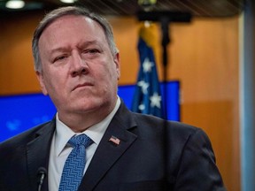 In this file photo taken on March 5, 2020 US Secretary of State Mike Pompeo delivers remarks to the media, in the Press Briefing Room, at the Department of State in Washington,DC.