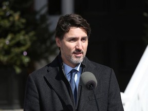 Canadian Prime Minister Justin Trudeau speaks during a news conference on COVID-19 situation in Canada from his residence on March 16, 2020 in Ottawa, Canada.