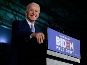 In this file photo taken on February 29, 2020 Democratic presidential candidate Joe Biden delivers remarks at his primary night election event in Columbia, South Carolina.