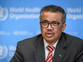 In this file photo taken on March 11, 2020 World Health Organization (WHO) Director-General Tedros Adhanom Ghebreyesus attends a daily press briefing on COVID-19 virus at the WHO headquaters in Geneva. (FABRICE COFFRINI/AFP via Getty Images)