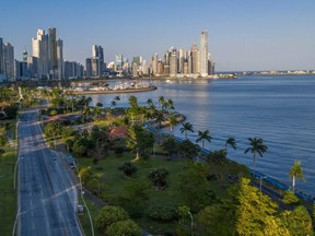 Aerial view showing an empty highway along the coast in Panama City, on March 22, 2020 during the global pandemic of the new coronavirus, COVID-19.