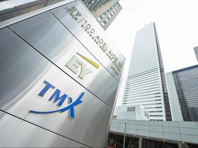 The sign for TMX, the parent company of the Toronto Stock exchange is seen outside its office in Toronto, Ontario on March 24, 2020. (GEOFF ROBINS/AFP via Getty Images)