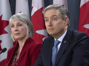 Minister of Foreign Affairs Francois-Philippe Champagne and Minister of Health Patty Hajdu listen to a question from the media during a news conference in Ottawa, Monday March 9, 2020.