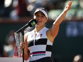 Bianca Andreescu speaks after her victory over Angelique Kerber in the women's final of the BNP Paribas Open at the Indian Wells Tennis Garden in Indian Wells, Calif., on March 17, 2019. Organizers cancelled the tournament Sunday, March 8, 2020, due to coronavirus concerns.