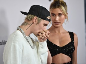 Justin and Hailey Bieber attend the premiere of YouTube Original's "Justin Bieber: Seasons" at the Regency Bruin Theatre on Jan. 27, 2020, in Los Angeles.