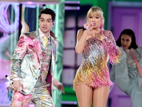 Brendon Urie of Panic! at the Disco and Taylor Swift perform onstage during the 2019 Billboard Music Awards at MGM Grand Garden Arena in Las Vegas, May 1, 2019.