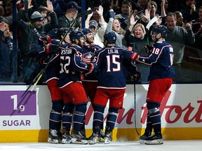 Emil Bemstrom of the Columbus Blue Jackets is congratulated by teammates after scoring against the Ottawa Senators on February 24, 2020 at Nationwide Arena in Columbus. (Photo by Kirk Irwin/Getty Images)
