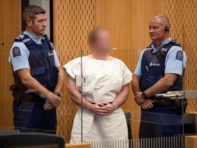 Brenton Tarrant, charged for murder in relation to the New Zealand mosque attacks, is seen in the dock during his appearance in the Christchurch District Court, on March 16, 2019.