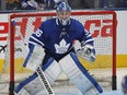 TORONTO, ON - FEBRUARY 11: Jack Campbell #36 of the Toronto Maple Leafs warms up prior to action against the Arizona Coyotes in an NHL game at Scotiabank Arena on February 11, 2020 in Toronto, Ontario, Canada. (Photo by Claus Andersen/Getty Images)