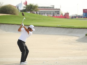 Jorge Campillo of Spain plays his second shot on the 18th hole during the third round of the Commercial Bank Qatar Masters at Education City Golf Club on March 7, 2020, in Doha, Qatar.
