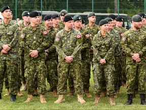 Canadian soldiers take part in the opening ceremony of the international military exercises in Starytchi, outside Lviv on September 3, 2018 (YURI DYACHYSHYN/AFP/Getty Images)