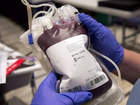 A bag of blood is shown at a clinic in Montreal on November 29, 2012.