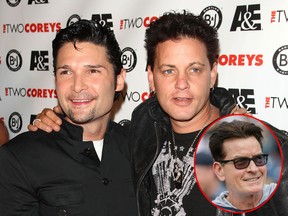 Corey Feldman (left) claims Charlie Sheen (inset) sexually assaulted Corey Haim (right). (Getty Images)