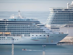 The trans-Atlantic cruise ship Costa Luminosa is moored at Marseille harbour on March 20, 2020, as the boat is under quarantine due to several cases of COVID-19 among the passengers. (CLEMENT MAHOUDEAU/AFP via Getty Images)