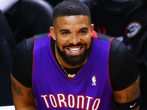 Rapper Drake is seen wearing a Dell Curry jersey before Game 1 of the 2019 NBA Finals between the Golden State Warriors and Toronto Raptors at Scotiabank Arena in Toronto, May 30, 2019.