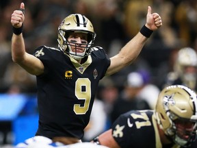 Quarterback Drew Brees of the New Orleans Saints calls a play on the line of scrimmage during a game against the Indianapolis Colts at Mercedes Benz Superdome on December 16, 2019 in New Orleans. (Sean Gardner/Getty Images)