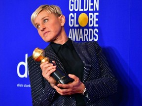 Ellen DeGeneres poses in the press room with the Carol Burnett award during the 77th annual Golden Globe Awards, at The Beverly Hilton hotel in Beverly Hills, Calif., on Jan. 5, 2020.