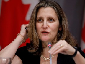 Deputy Prime Minister Chrystia Freeland attends a news conference as efforts continue to help slow the spread of coronavirus disease in Ottawa, March 23, 2020.