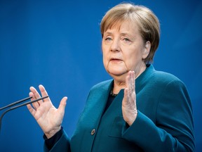 German Chancellor Angela Merkel gives a media statement on the spread of the new coronavirus at the Chancellery in Berlin March 22, 2020. (Michel Kappeler/Pool via REUTERS)