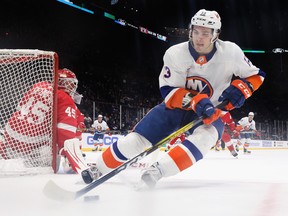 Mathew Barzal of the New York Islanders skates against the Detroit Red Wings at the NYCB Live's Nassau Coliseum on Feb. 21, 2020 in Uniondale, N.Y. (Bruce Bennett/Getty Images)