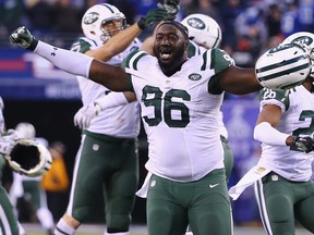 New York Jets' Muhammad Wilkerson celebrate the Jets' 23-20 overtime win against the New York Giants  during their game at MetLife Stadium on Dec. 6, 2015 in East Rutherford, N.J.  (Al Bello/Getty Images)