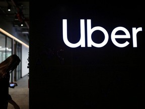 Uber's logo is pictured at its office in Bogota, Colombia, December 12, 2019.