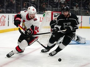 Ottawa Senators left wing Mikkel Boedker and Los Angeles Kings centre Michael Amadio battle for the puck in the third period at Staples Center in Los Angeles on Wednesday, March 11, 2020. The Kings won 3-2.