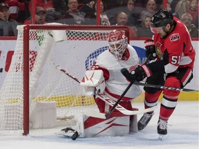 Detroit Red Wings goalie Jonathan Bernier makes a save on a shot from Ottawa Senators center Artem Anisimov in the second period at the Canadian Tire Centre on Saturday.