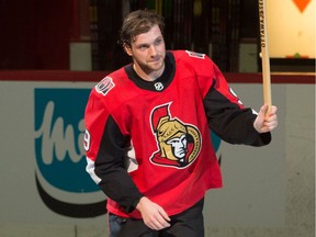 The Ottawa Senators' Bobby Ryan acknowledges the crowd's cheers after being named the first star after scoring a hat trick in a 5-2 win over the Vancouver Canucks at the Canadian Tire Centre on Thursday, Feb. 27, 2020.