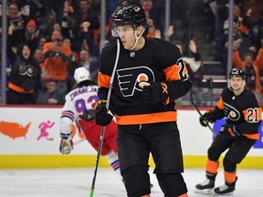 Philadelphia Flyers left wing James van Riemsdyk celebrates his goal against the New York Rangers during the second period at Wells Fargo Center.